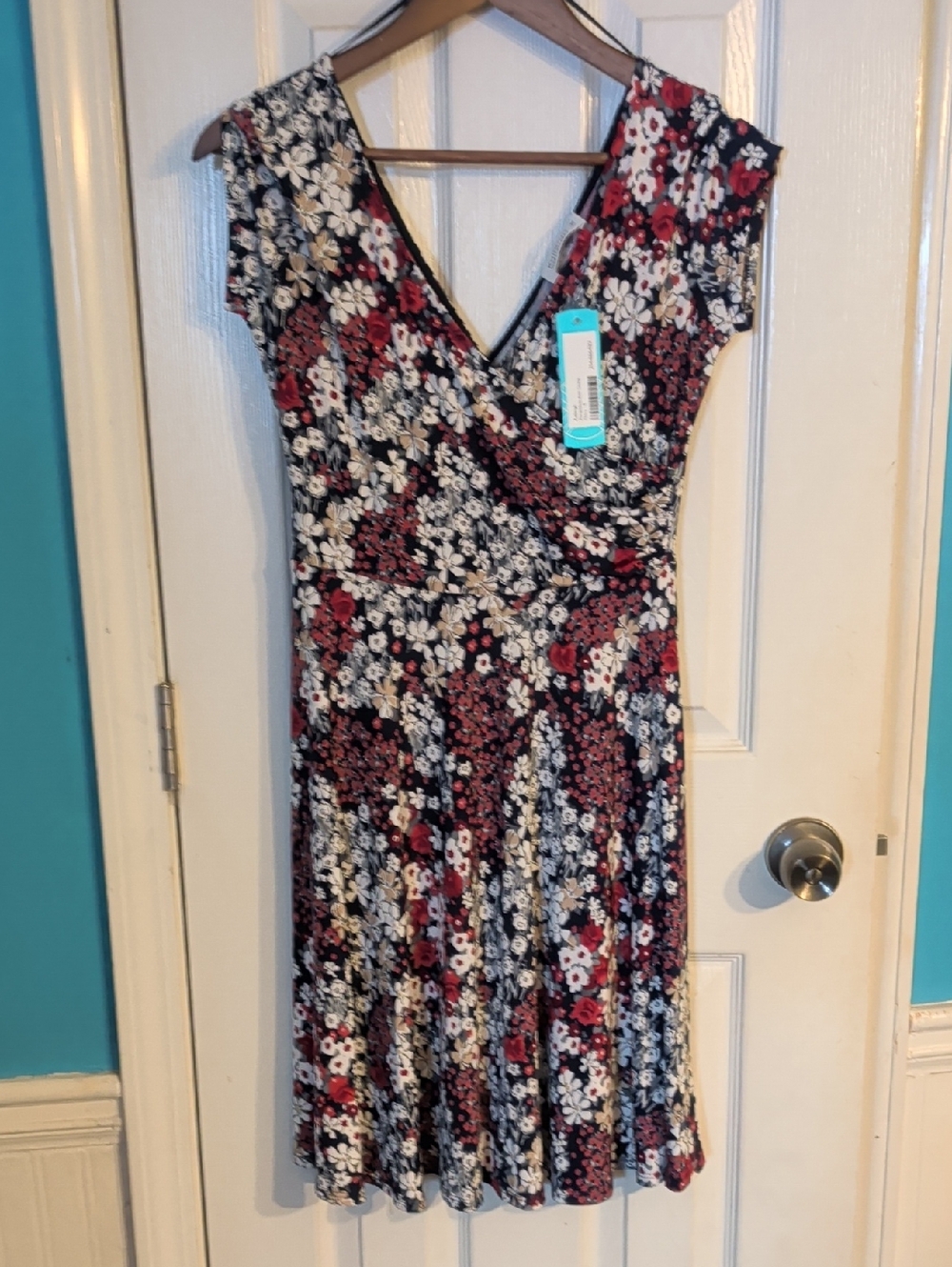 Kaileigh Floral Wrap Midi Dress in Black, White & Burgundy
